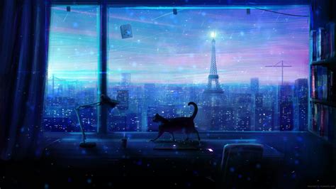 Black Cat Rainy Dreamy Night In Paris Live Wallpaper - MoeWalls