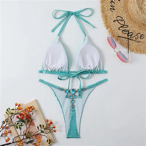 Blue Special Fabric Micro Bikinis Sexy Lady Swimwear Diamond Matching Shinny Bikini Buy