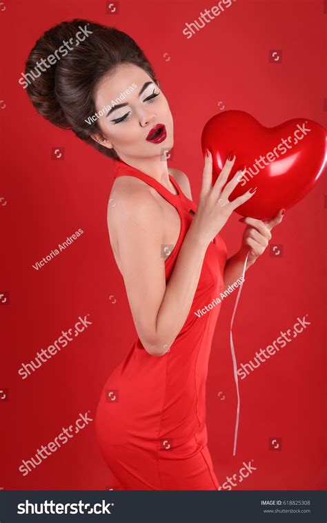 Sexy Woman Red Heart Balloon Brunette Stock Photo Shutterstock