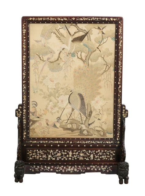 A Chinese Silk Embroidered Mother Of Pearl Inlaid Hongmu Screen