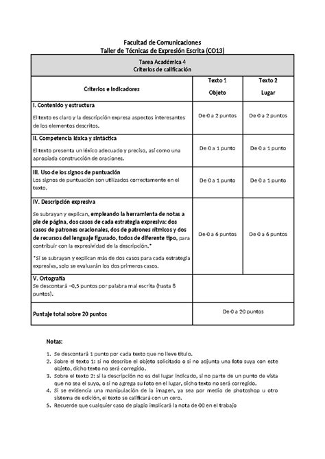 Rúbrica TA4 2023 2 Facultad de Comunicaciones Taller de Técnicas de