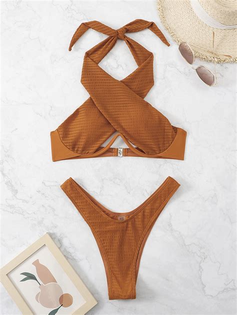 Cross Halter Underwire High Cut Out Bikini Swimsuit For Sale Australia New Collection Online