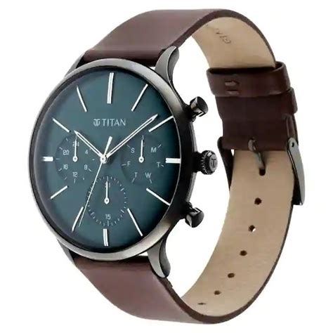 Round Titan Light Leathers Watch With Green Dial Brown Leather Strap