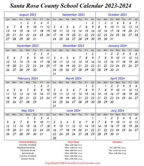 Santa Rosa County School Calendar 2023-2024 - My School District Calendar