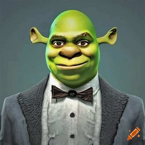 Cute baby shrek in a tuxedo with an angry expression