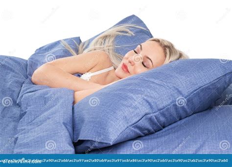 Blonde Girl In Bed With White Pillows And A Blanket In A Bright Bedroom Stock Photo Image Of