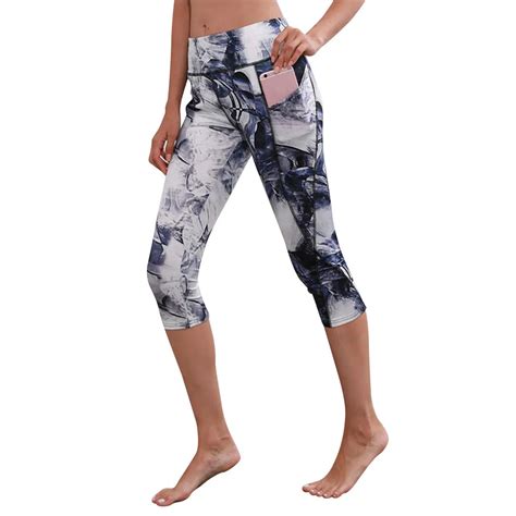 Klv Fashion Women High Waist Pocket Print Yoga Fitness Leggings Calf