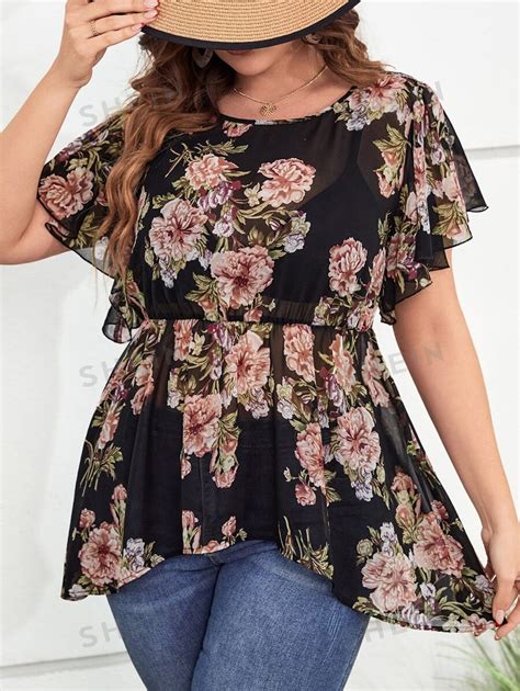 Shein Clasi Plus Size Floral Chiffon Sheer Short Sleeve Blouse With