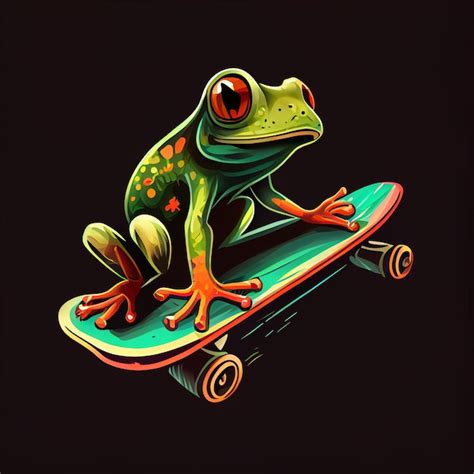 Premium Photo Brightly Colored Frog On A Skateboard On A Black