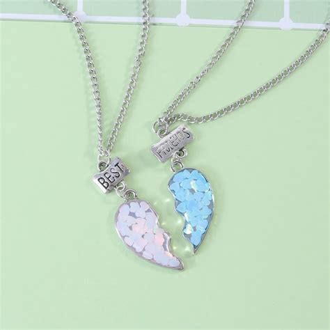 2 Pcs Best Friends Charm Necklace Set Blue And Pink Half Heart Matching