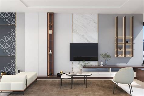 Sleek Wide TV Unit With White Marble Back Panel Livspace