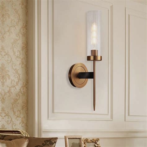 Modern Minimalist 1 Light Cylinder Clear Ribbed Glass Shade Wall Sconces In Goldandblack Wall