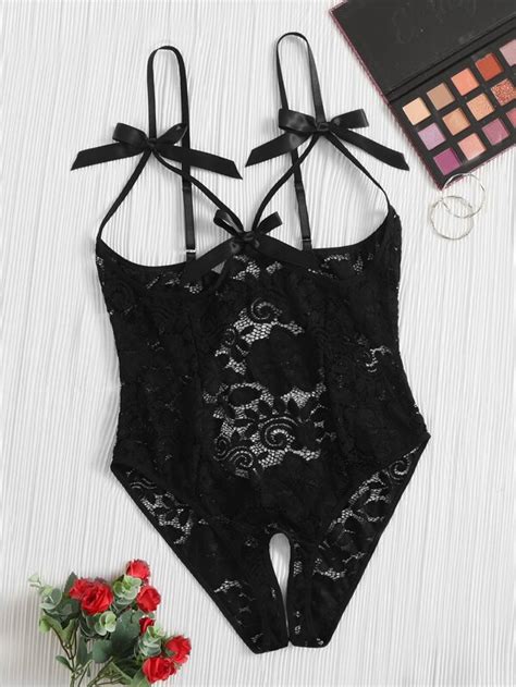 Plus Lace Bow Front Crotchless Teddy Bodysuit Shein Usa