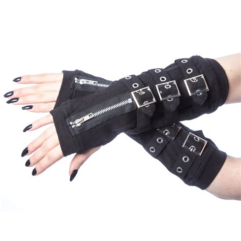 Poizen Industries Goth Punk Black Buckles Zippers Arm Warmers Sleeves