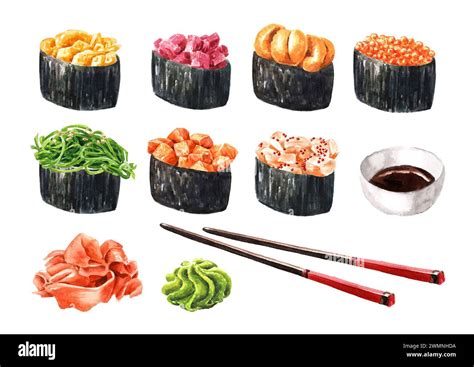 Gunkan Maki Sushi Set With Various Types Of Filling Hand Drawn