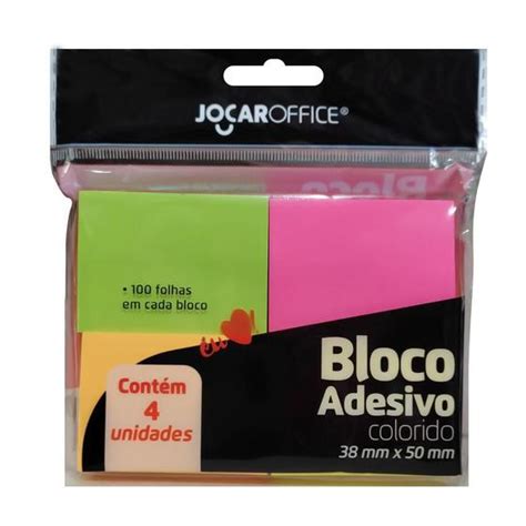 Bloco Adesivo Colorido 38mmx50mm Neon Blister 4 Blocos Jocar Office