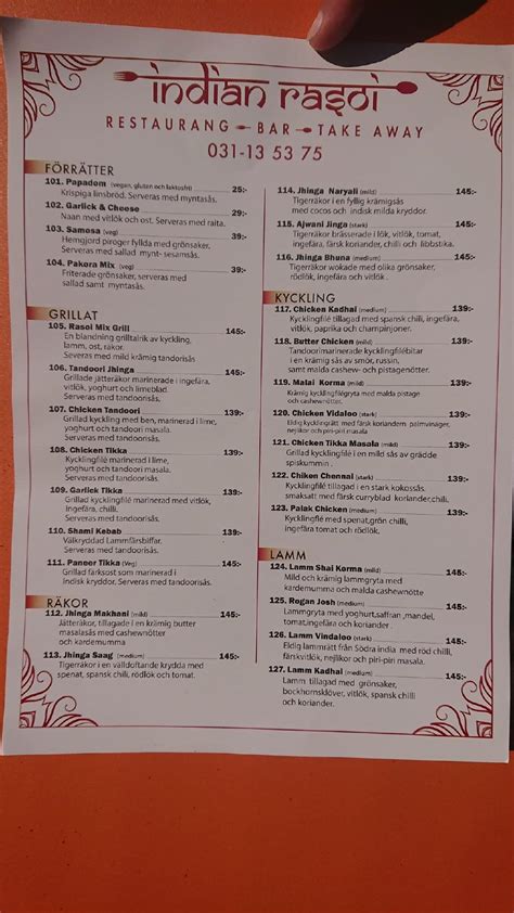 Menu at Indian rasoi restaurant, Gothenburg