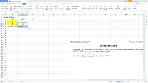 Numerical Methods Secant Method Using Spreadsheet Youtube