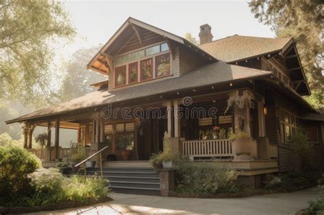 Craftsman House, with Wrap-around Porch and Hanging Lanterns, Against ...