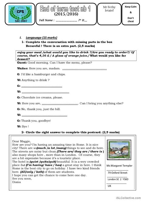 End Of Term Test Th Form English Esl Worksheets Pdf Doc