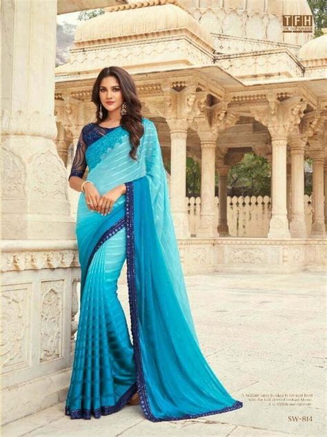 Dark Blue Designer Blouse Sky Blue Saree Rawaazfashion