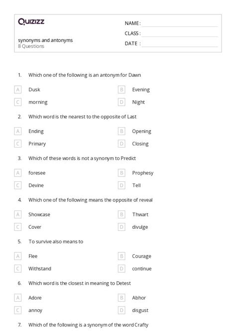 50 Synonyms And Antonyms Worksheets For 8th Class On Quizizz Free And Printable