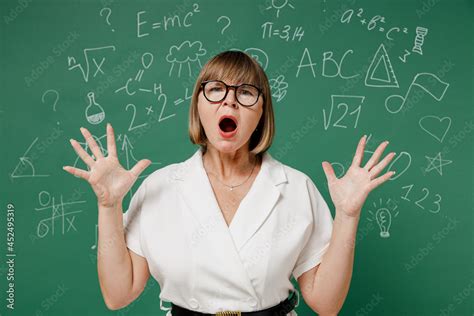 Shocked Teacher Mature Elderly Lady Woman Wear Shirt Glasses Spread Hands Keep Mouth Wide