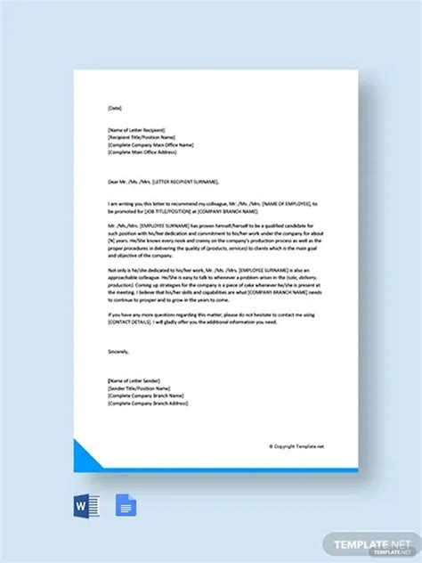 Recommendation Letter For Colleague Promotion In Google Docs Word PDF