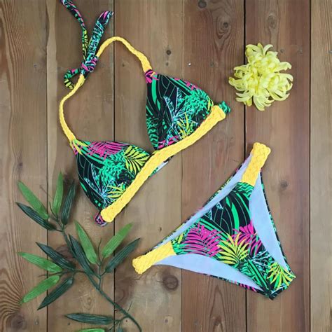 New Bikinis Swimwear Women Tropical Leaf Print Halter Bikini Set