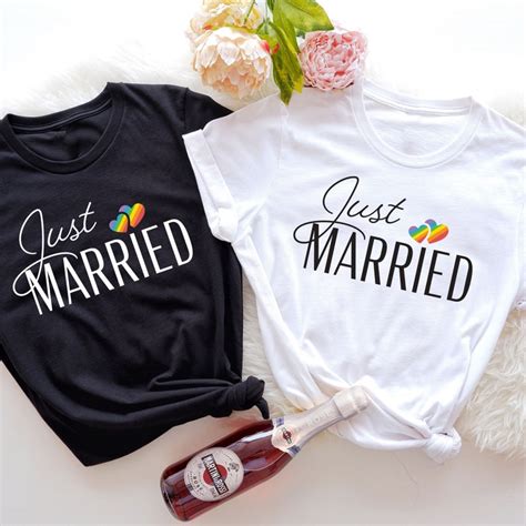 Just Married Lgbtq Rainbow Heart Shirt Gay Honeymoon Lesbian Etsy