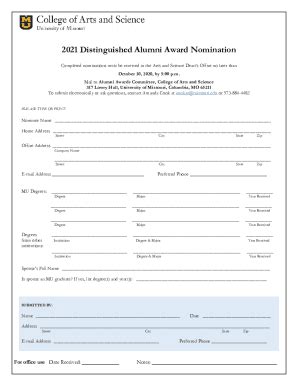 Fillable Online Coas Missouri 2021 Distinguished Alumni Award