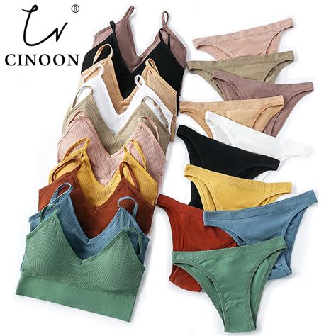 Cinoon Women Seamless Bra Set Sexy Low Waist Panties Wire Free Bra Bralette Padded Lingerie