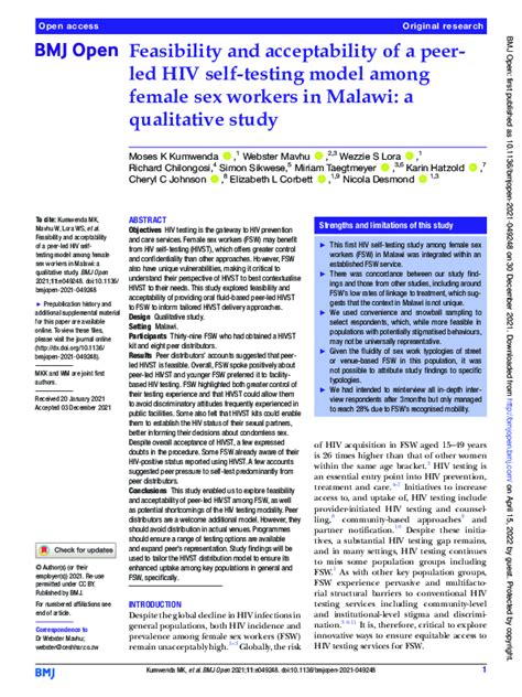 Pdf Feasibility And Acceptability Of A Peer Led Hiv Self Testing Model Among Female Sex