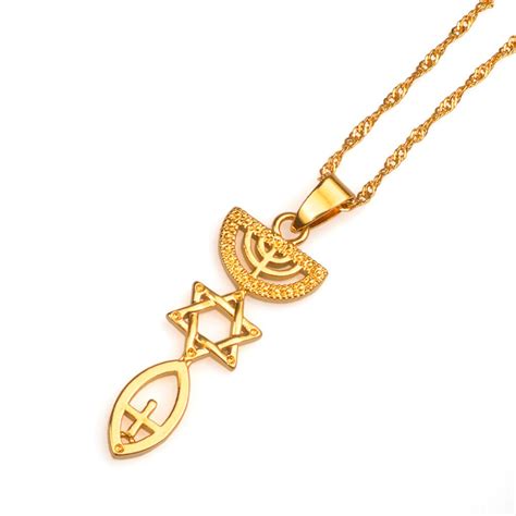 Gold Color Necklace Messianic Jewish Holy Land Menorah Hexagram Israel ...