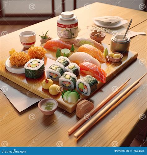 Overhead Japanese Sushi Food Maki Ands Rolls With Tuna Salmon Shrimp