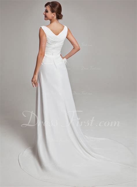 A Line Princess V Neck Chapel Train Chiffon Wedding Dress With Feather