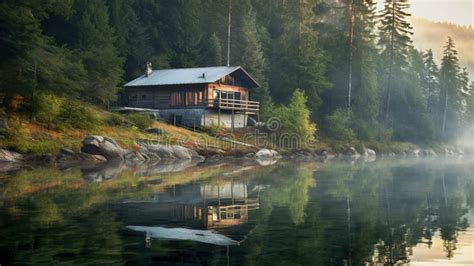 A Lonely House On The Shore Of A Lake In The Mountains Stock