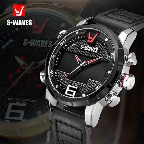 SWAVES Great Brand Watches Leather Sport Men S Watch Quartz LED Digital