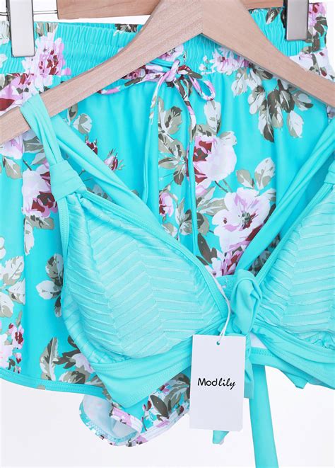 Jacquard Floral Print Cyan Bikini Set Modlily USD 27 98