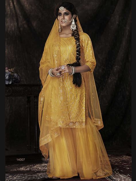 Mustard Yellow Colour Designer Salwar Kameez in Net Fabric.