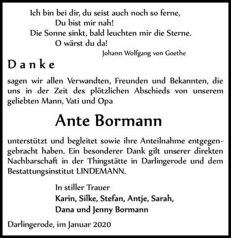 Traueranzeigen Von Ante Bormann Abschied Nehmen De