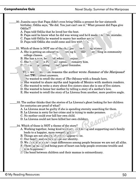 Summer of the Mariposas Comprehensive Quiz - My Reading Resources