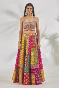 Buy Multi Color Dupion Silk Mirrorwork Embellished Patchwork Lehenga