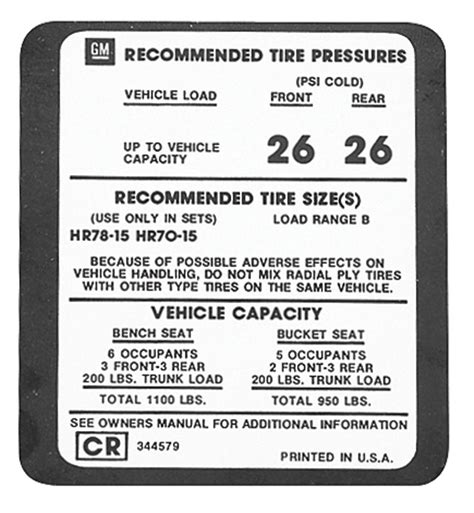 Decal Monte Carlo Glove Box Tire Pressure Opgi