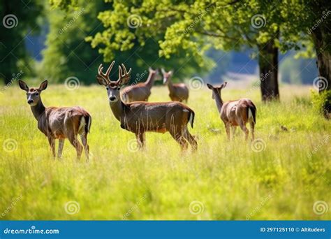 A Group Of Deer Grazing In A Meadow Stock Photo Image Of Greenery