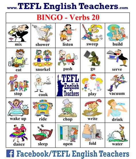 TEFL English Teachers Bingo Verbs Game Board 20 Of 20 Bingo Cards