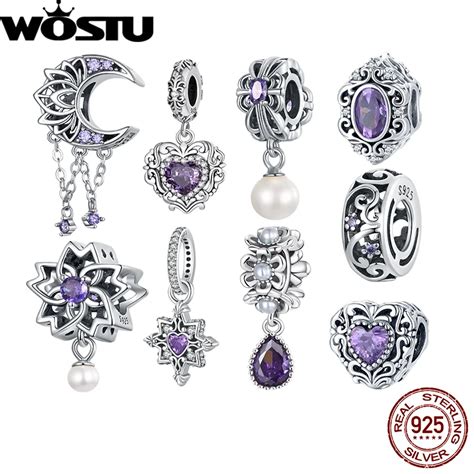 Wostu 925 Sterling Silber Lila Kristall Lotus Charme Perle Tropfen Anh