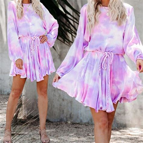 Women Autumn Casual Long Sleeve Tie Dye Scoop Neck Loose Pleated A Line