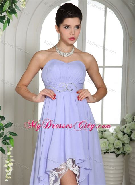 Lilac High Low Beaded Decorate Waist Chiffon And Lace Prom Dress