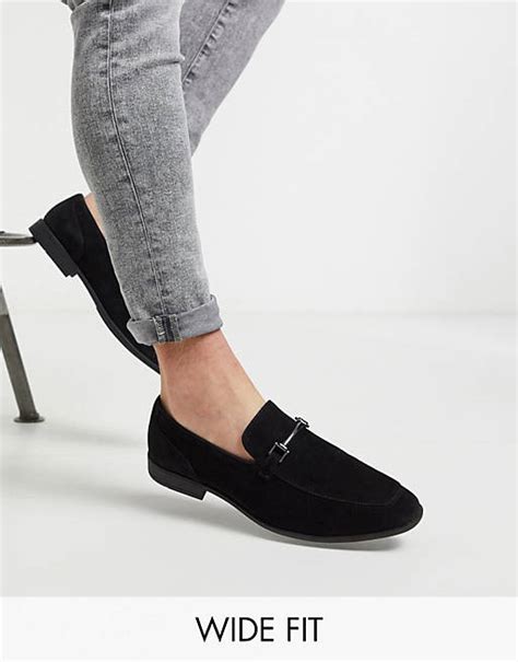 Asos Design Wide Fit Loafers In Black Faux Suede With Snaffle Asos